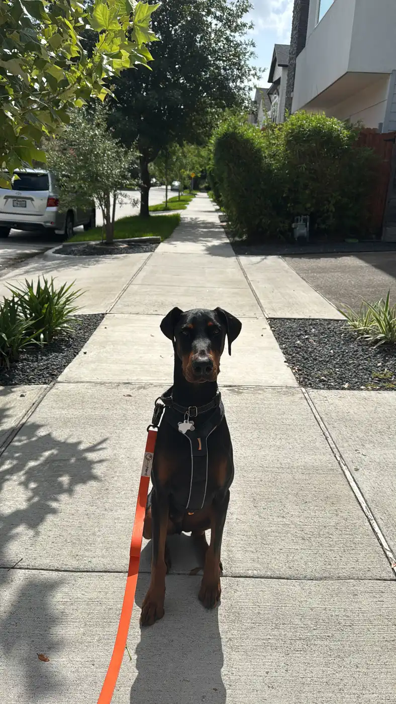 Doberman puppy standing on a leash on a tree-lined sidewalk